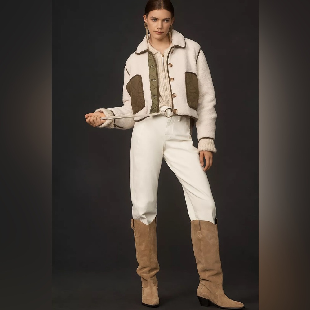 Anthropologie BLANKNYC Cloud Forest Sherpa Cream Olive Green Boxy Jacket Medium